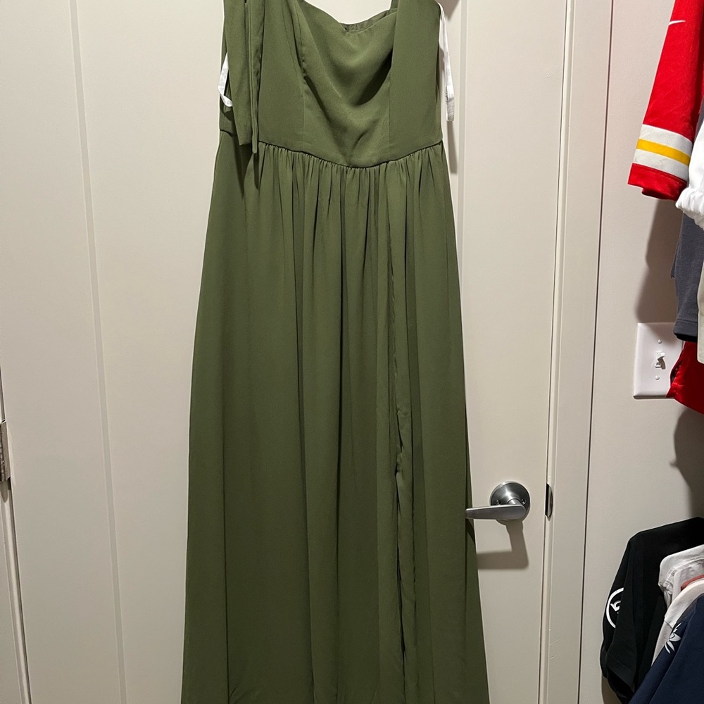 David's Bridal Strapless Olive Dress